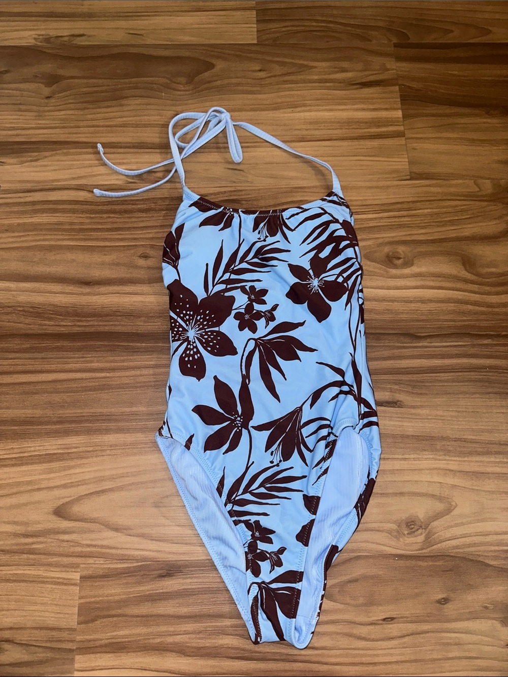 Shade & Shore Light Blue One-Piece with Brown Floral Print